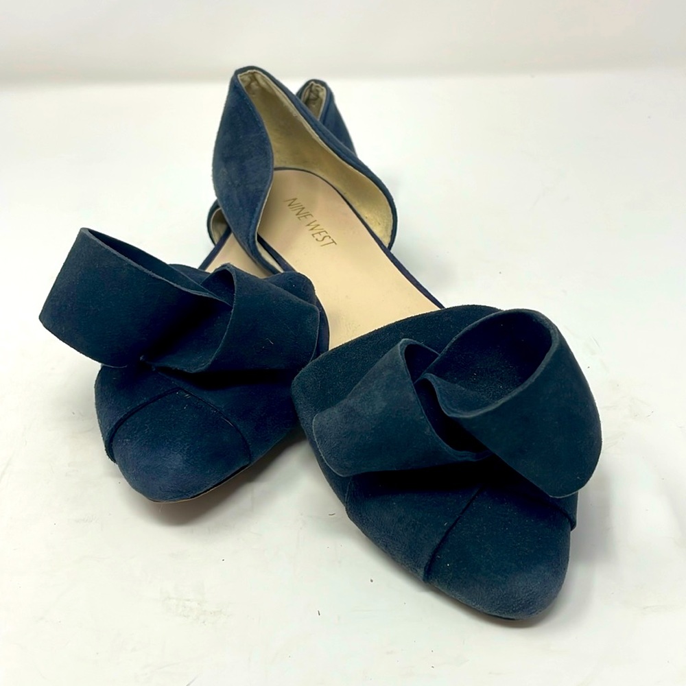 Nine West Navy Blue Suede Leather Bow Pointed Toe Flat Shoes Size 7.5